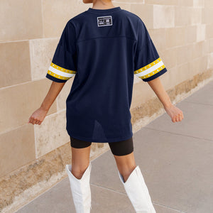 MICHIGAN WOLVERINES UNTIL KICKOFF OVERSIZED V-NECK RHINESTONE-STRIPED TRIM FASHION JERSEY