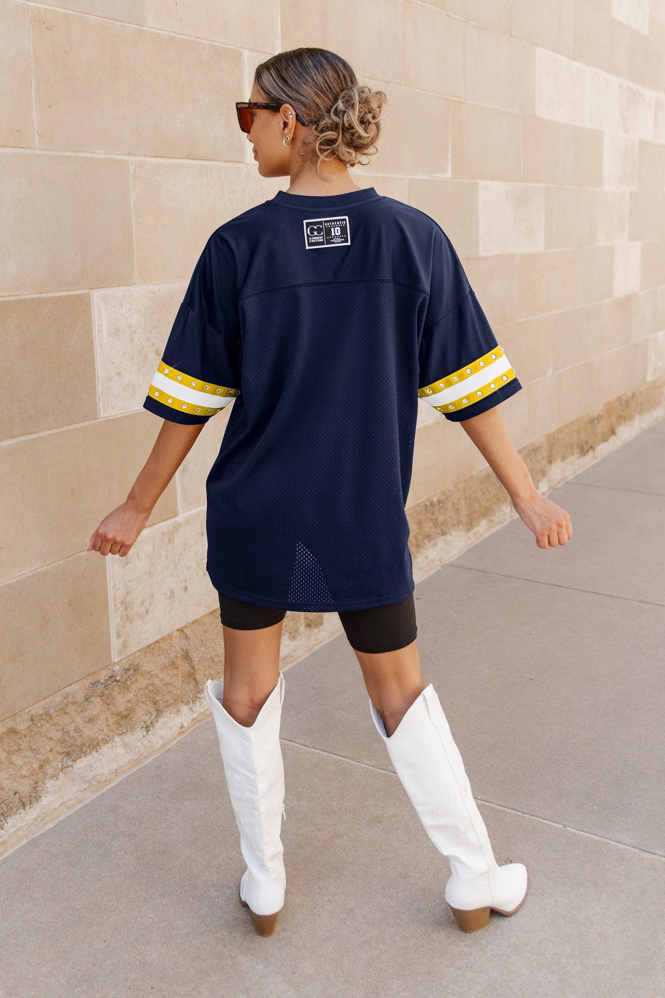 MICHIGAN WOLVERINES UNTIL KICKOFF OVERSIZED V-NECK RHINESTONE-STRIPED TRIM FASHION JERSEY