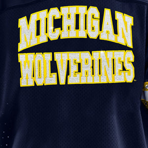 MICHIGAN WOLVERINES UNTIL KICKOFF OVERSIZED V-NECK RHINESTONE-STRIPED TRIM FASHION JERSEY
