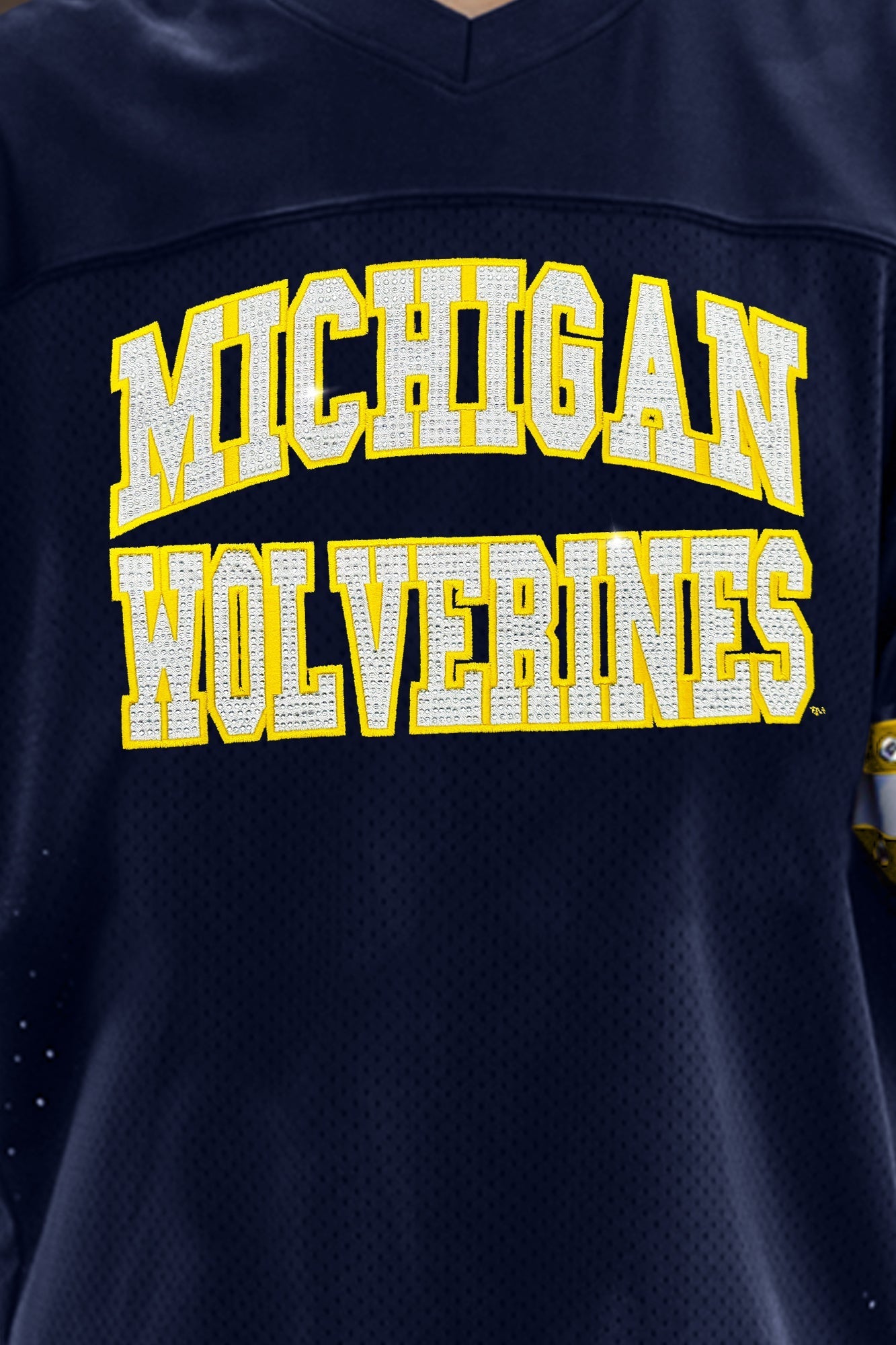 MICHIGAN WOLVERINES UNTIL KICKOFF OVERSIZED V-NECK RHINESTONE-STRIPED TRIM FASHION JERSEY