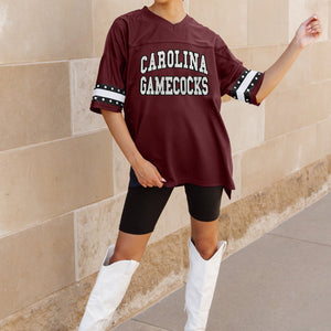 SOUTH CAROLINA GAMECOCKS UNTIL KICKOFF OVERSIZED V-NECK RHINESTONE-STRIPED TRIM FASHION JERSEY