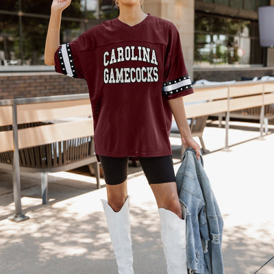 SOUTH CAROLINA GAMECOCKS UNTIL KICKOFF OVERSIZED V-NECK RHINESTONE-STRIPED TRIM FASHION JERSEY