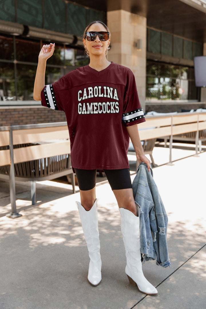 SOUTH CAROLINA GAMECOCKS UNTIL KICKOFF OVERSIZED V-NECK RHINESTONE-STRIPED TRIM FASHION JERSEY