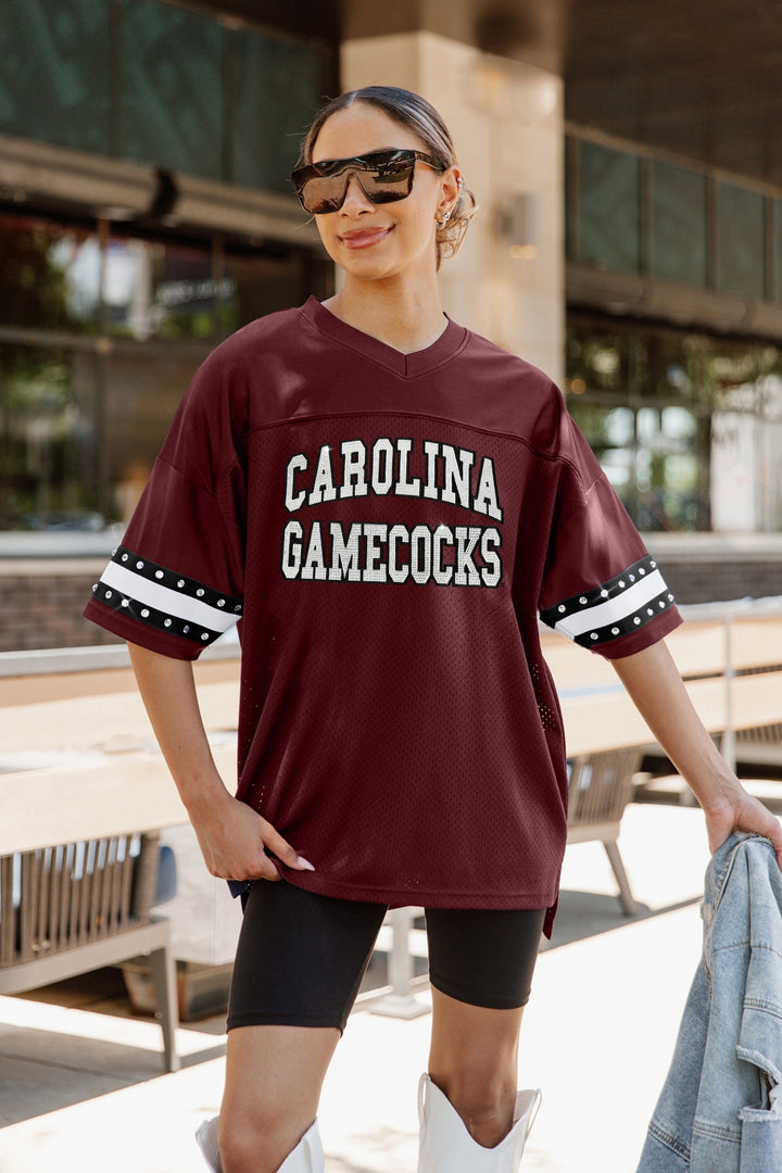 SOUTH CAROLINA GAMECOCKS UNTIL KICKOFF OVERSIZED V-NECK RHINESTONE-STRIPED TRIM FASHION JERSEY