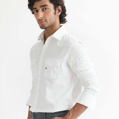 Rare Rabbit Men's Taison White Cotton Fabric Full Sleeves Denim Shirt