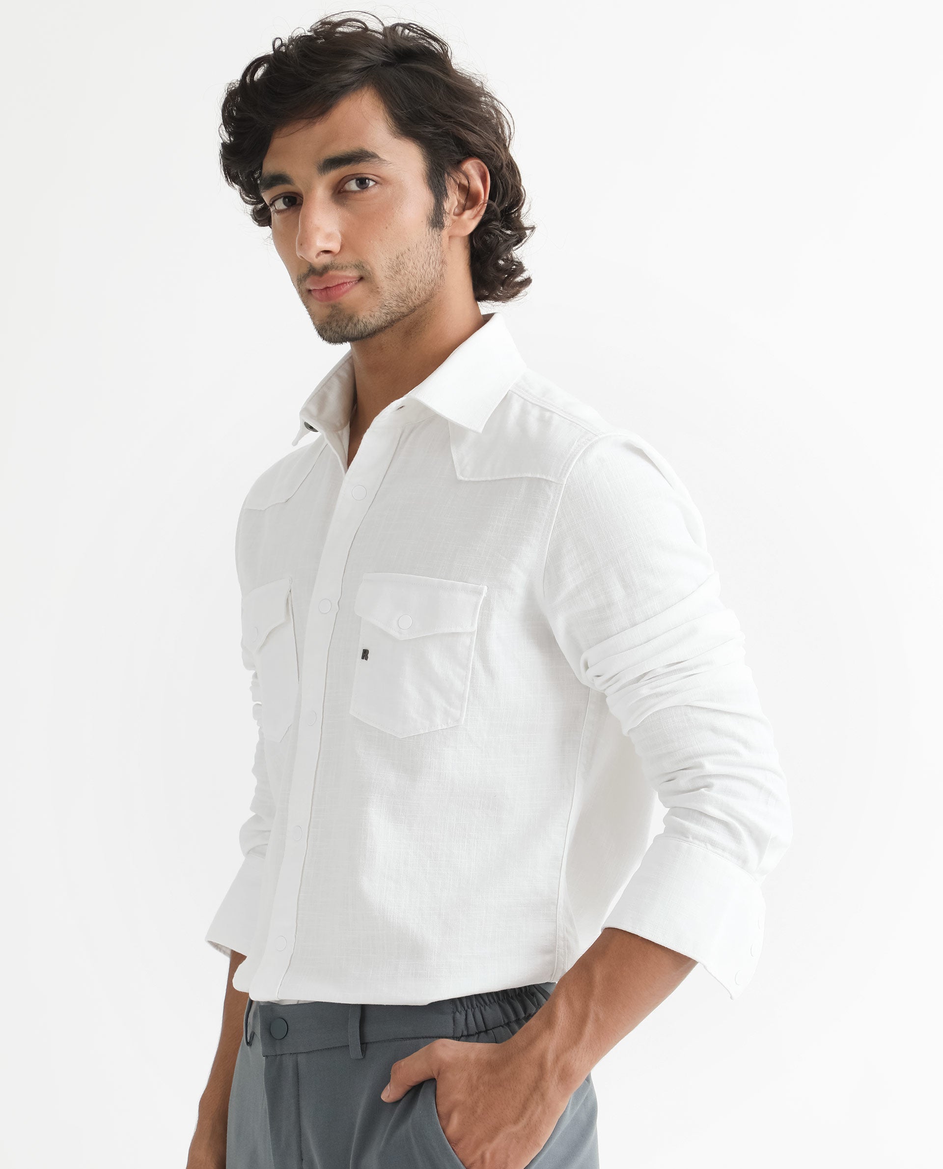 Rare Rabbit Men's Taison White Cotton Fabric Full Sleeves Denim Shirt