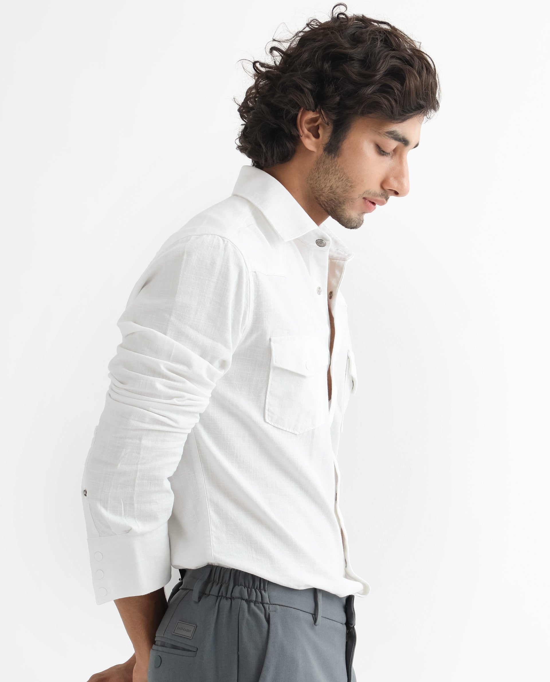 Rare Rabbit Men's Taison White Cotton Fabric Full Sleeves Denim Shirt