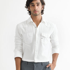 Rare Rabbit Men's Taison White Cotton Fabric Full Sleeves Denim Shirt