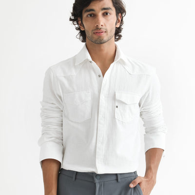 Rare Rabbit Men's Taison White Cotton Fabric Full Sleeves Denim Shirt