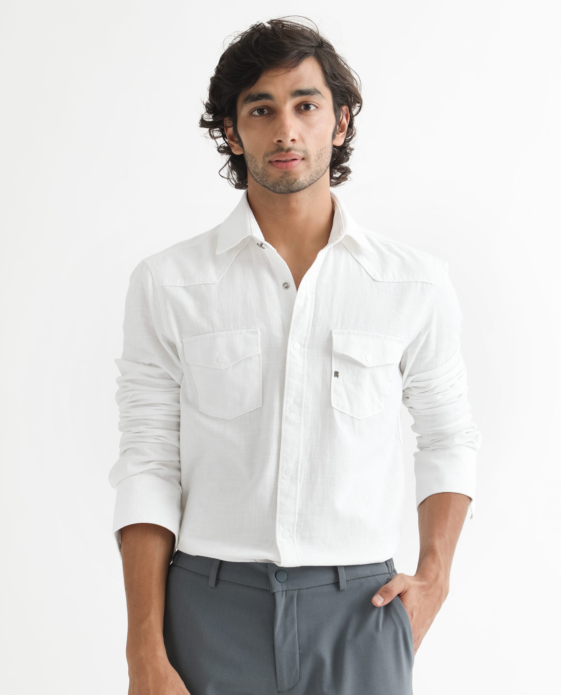 Rare Rabbit Men's Taison White Cotton Fabric Full Sleeves Denim Shirt