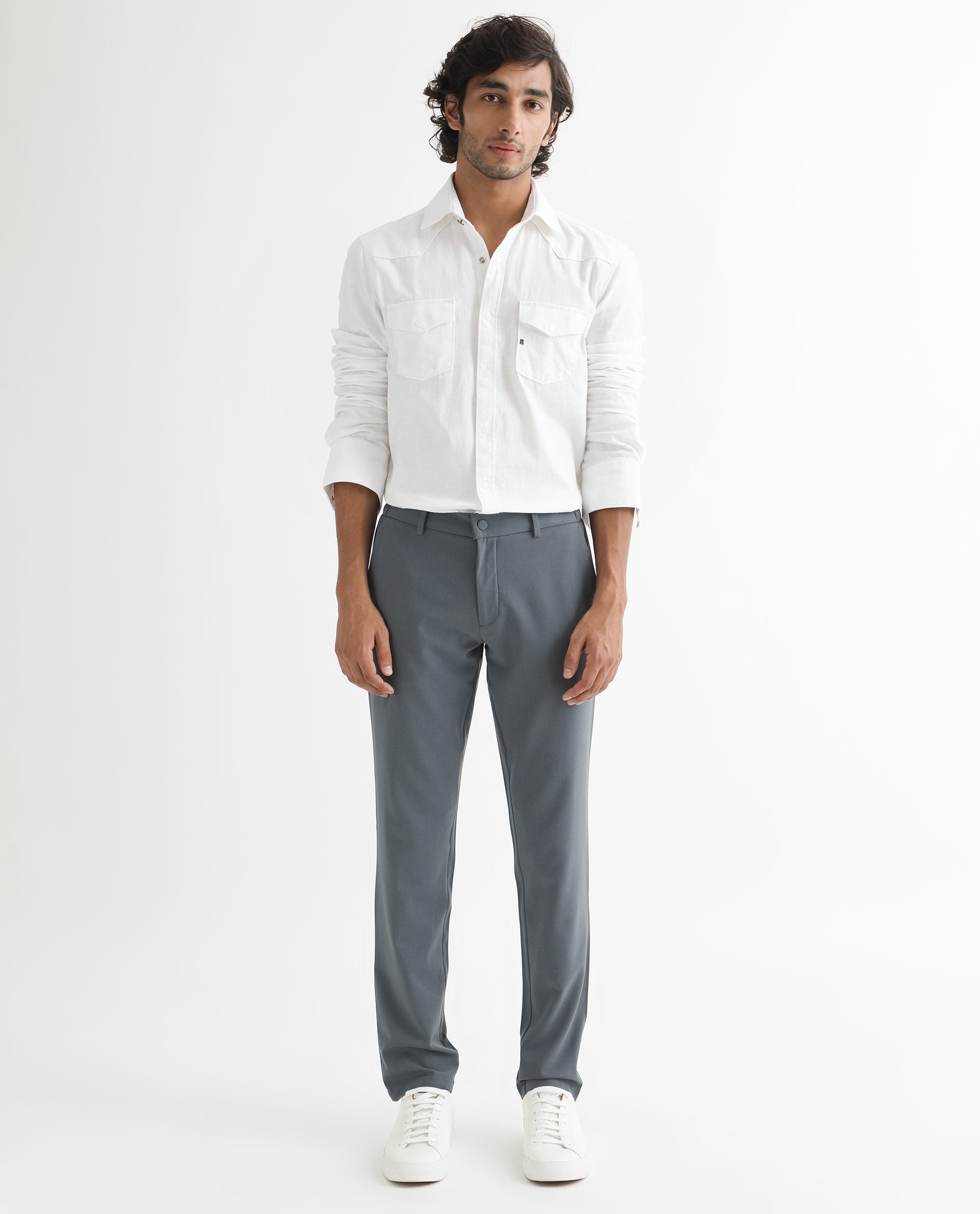 Rare Rabbit Men's Taison White Cotton Fabric Full Sleeves Denim Shirt