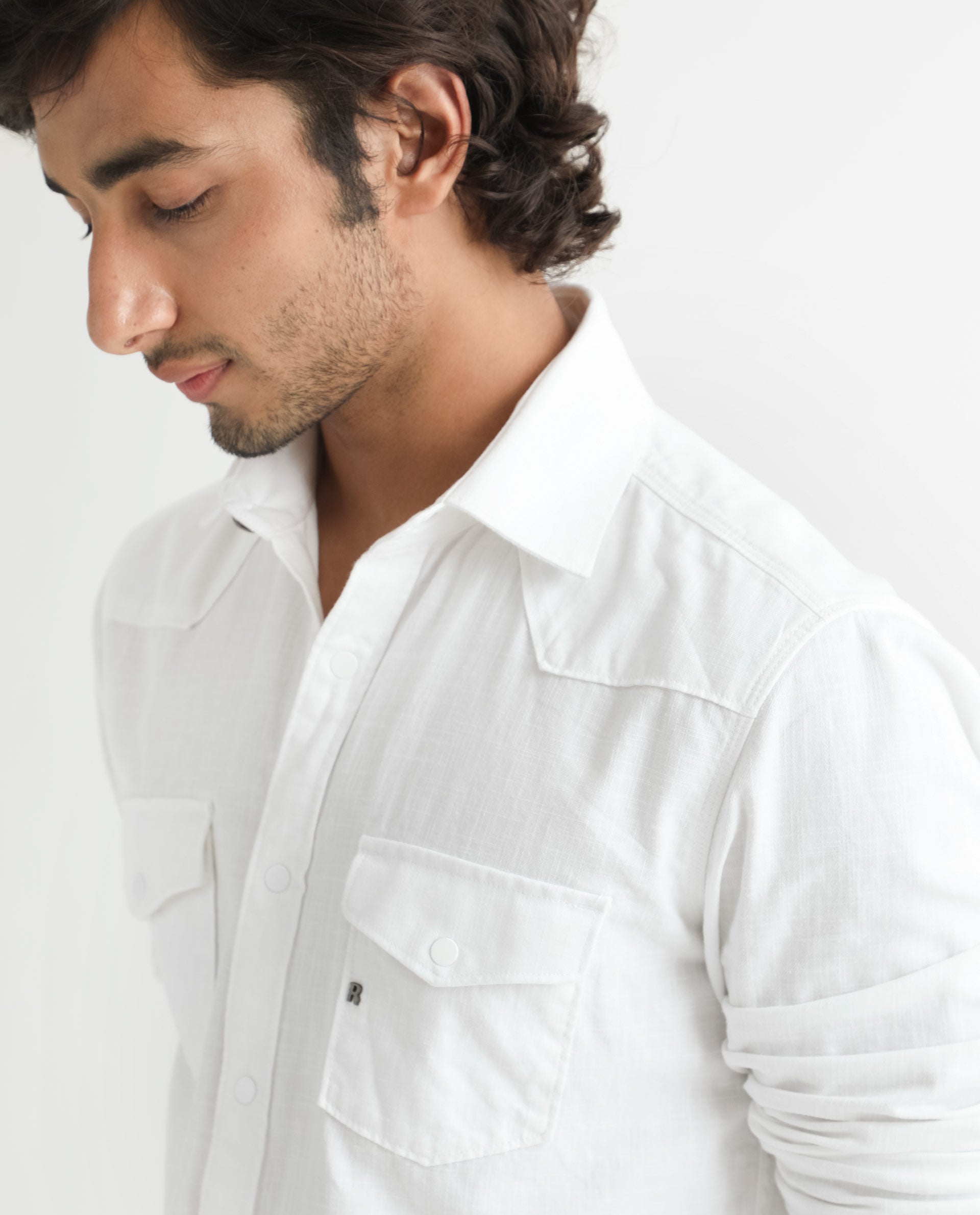 Rare Rabbit Men's Taison White Cotton Fabric Full Sleeves Denim Shirt