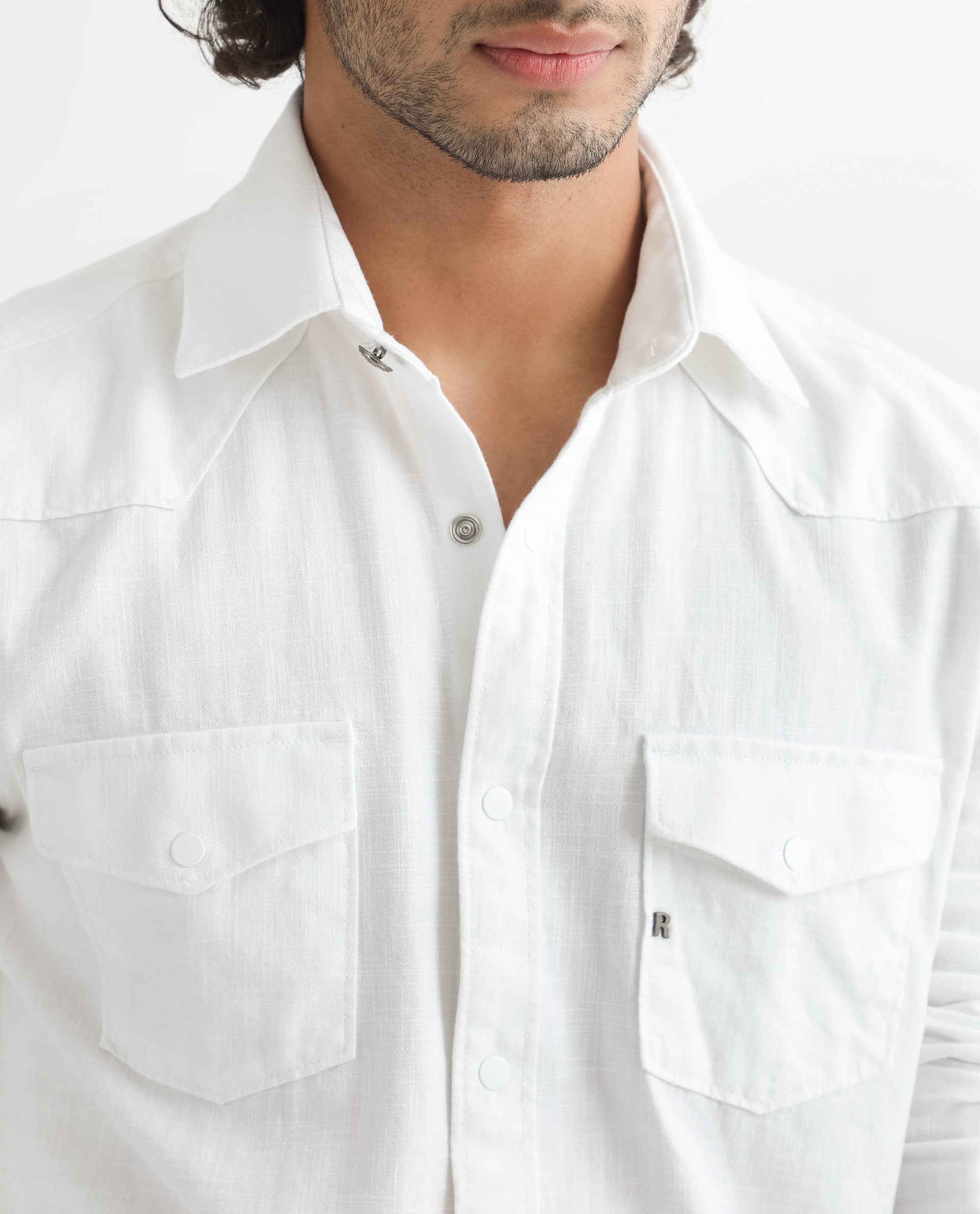 Rare Rabbit Men's Taison White Cotton Fabric Full Sleeves Denim Shirt