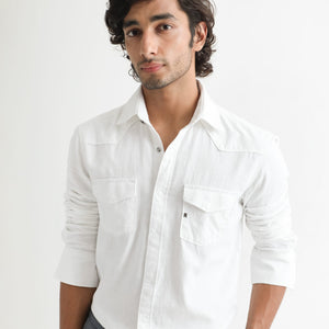 Rare Rabbit Men's Taison White Cotton Fabric Full Sleeves Denim Shirt