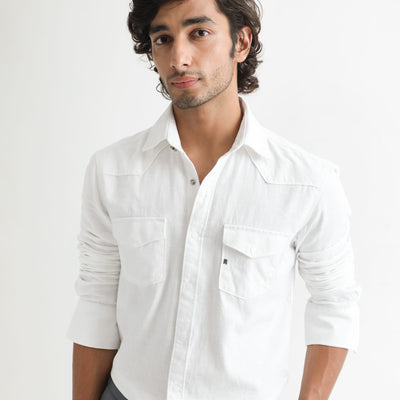 Rare Rabbit Men's Taison White Cotton Fabric Full Sleeves Denim Shirt