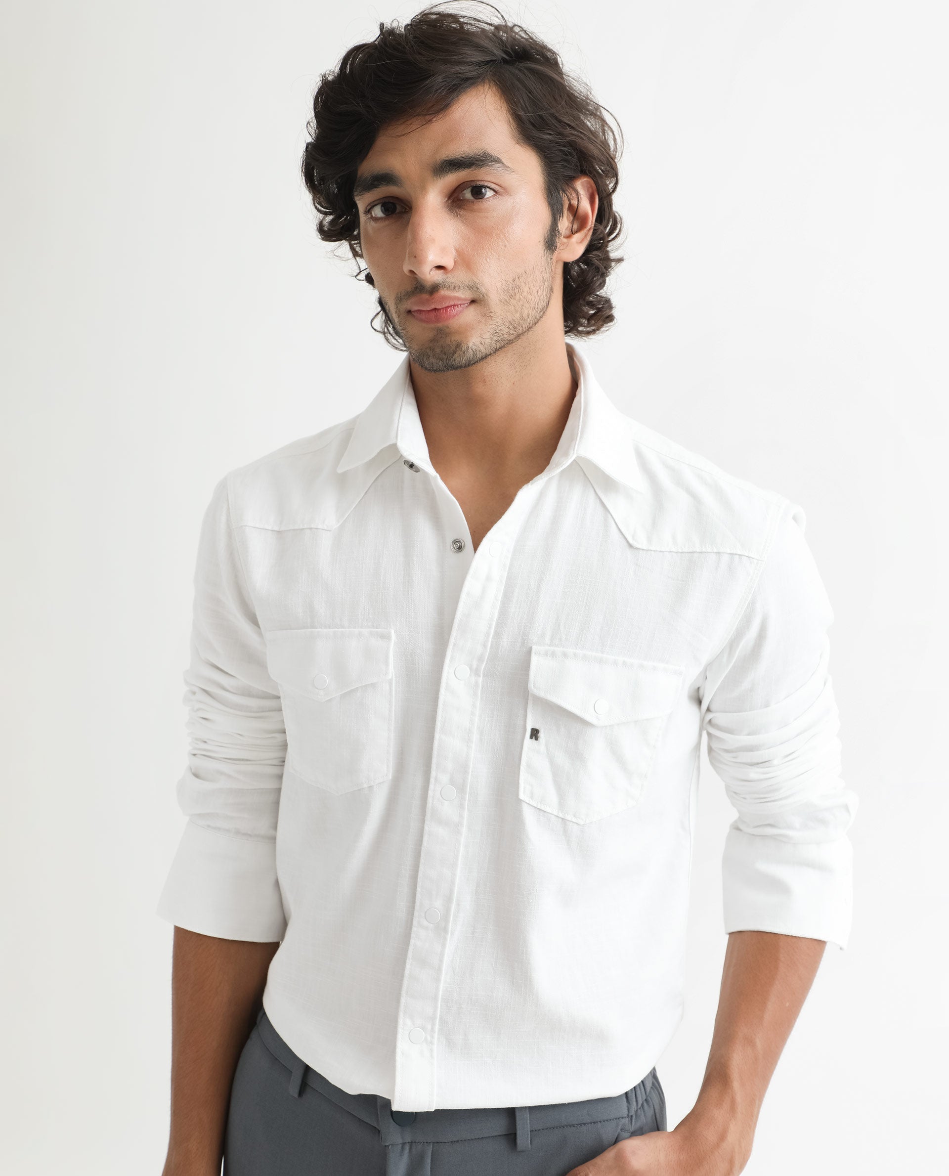 Rare Rabbit Men's Taison White Cotton Fabric Full Sleeves Denim Shirt