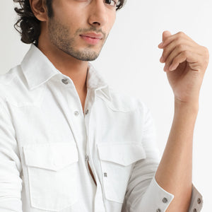 Rare Rabbit Men's Taison White Cotton Fabric Full Sleeves Denim Shirt