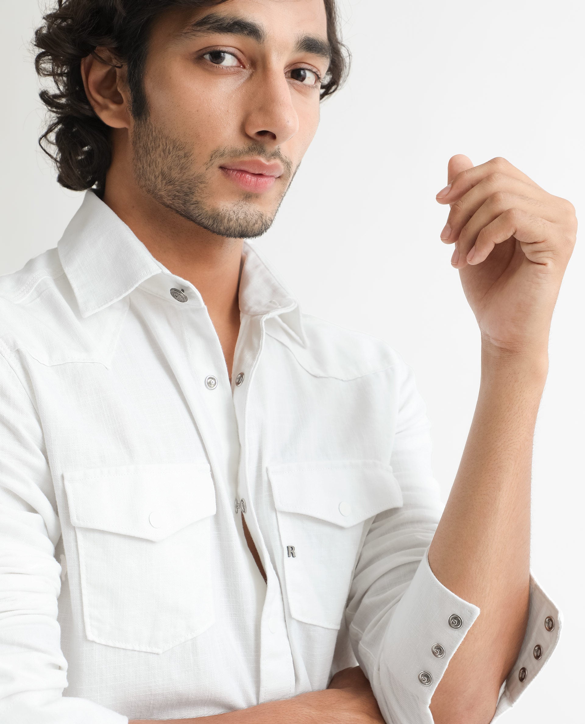 Rare Rabbit Men's Taison White Cotton Fabric Full Sleeves Denim Shirt