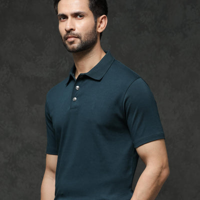 Rare Rabbit Mens Tang Petrol Short Sleeve Solid Polo T-Shirt