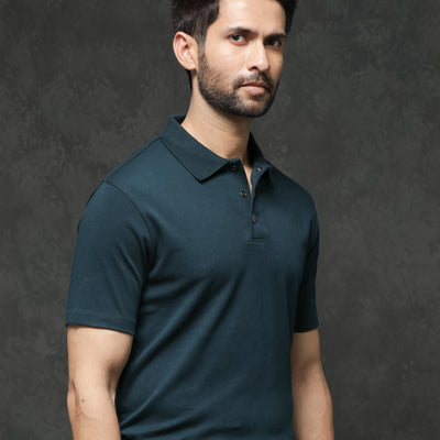 Rare Rabbit Mens Tang Petrol Short Sleeve Solid Polo T-Shirt