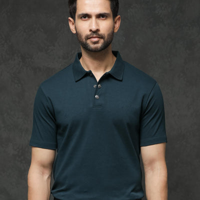 Rare Rabbit Mens Tang Petrol Short Sleeve Solid Polo T-Shirt