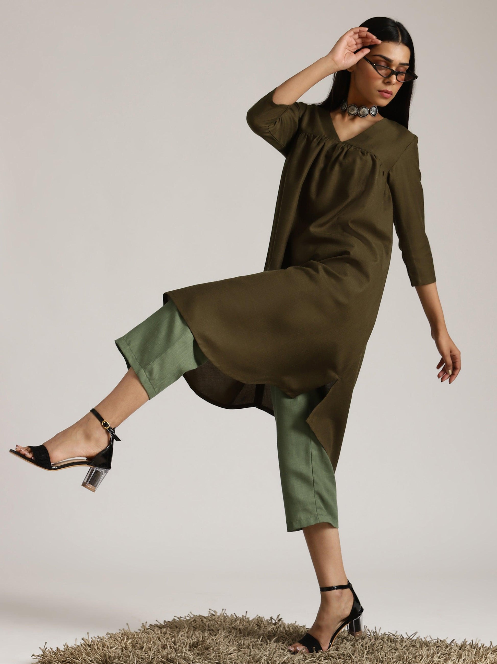 Cotton Linen Dark Green Gathered Kurta Pant Set | Relove