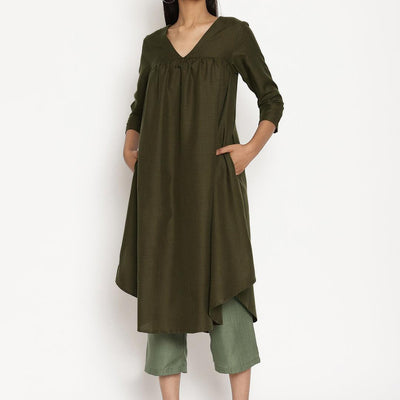 Cotton Linen Dark Green Gathered Kurta Pant Set | Relove
