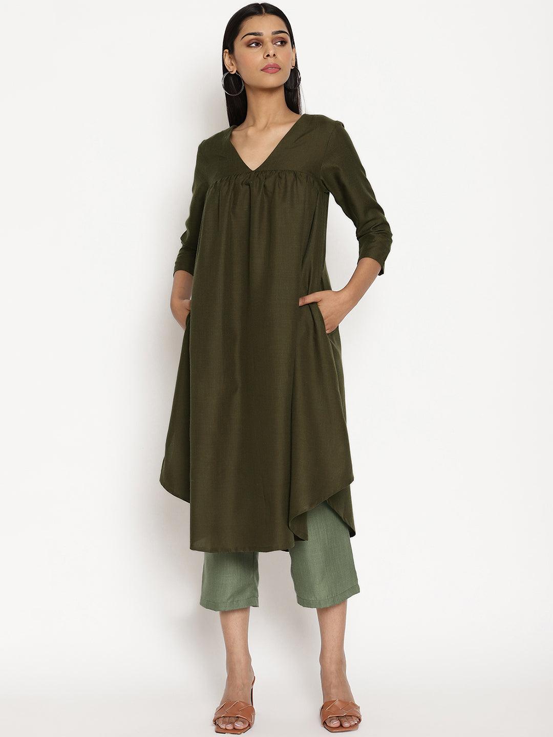 Cotton Linen Dark Green Gathered Kurta Pant Set | Relove