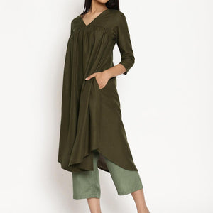 Cotton Linen Dark Green Gathered Kurta Pant Set | Relove