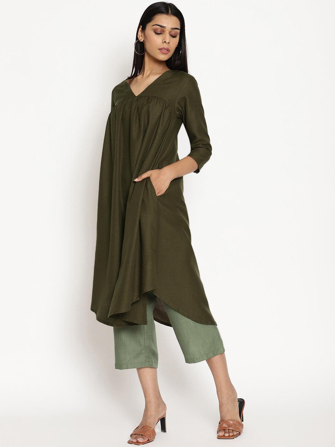 Cotton Linen Dark Green Gathered Kurta Pant Set | Relove