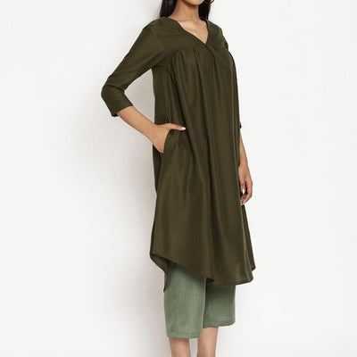 Cotton Linen Dark Green Gathered Kurta Pant Set | Relove