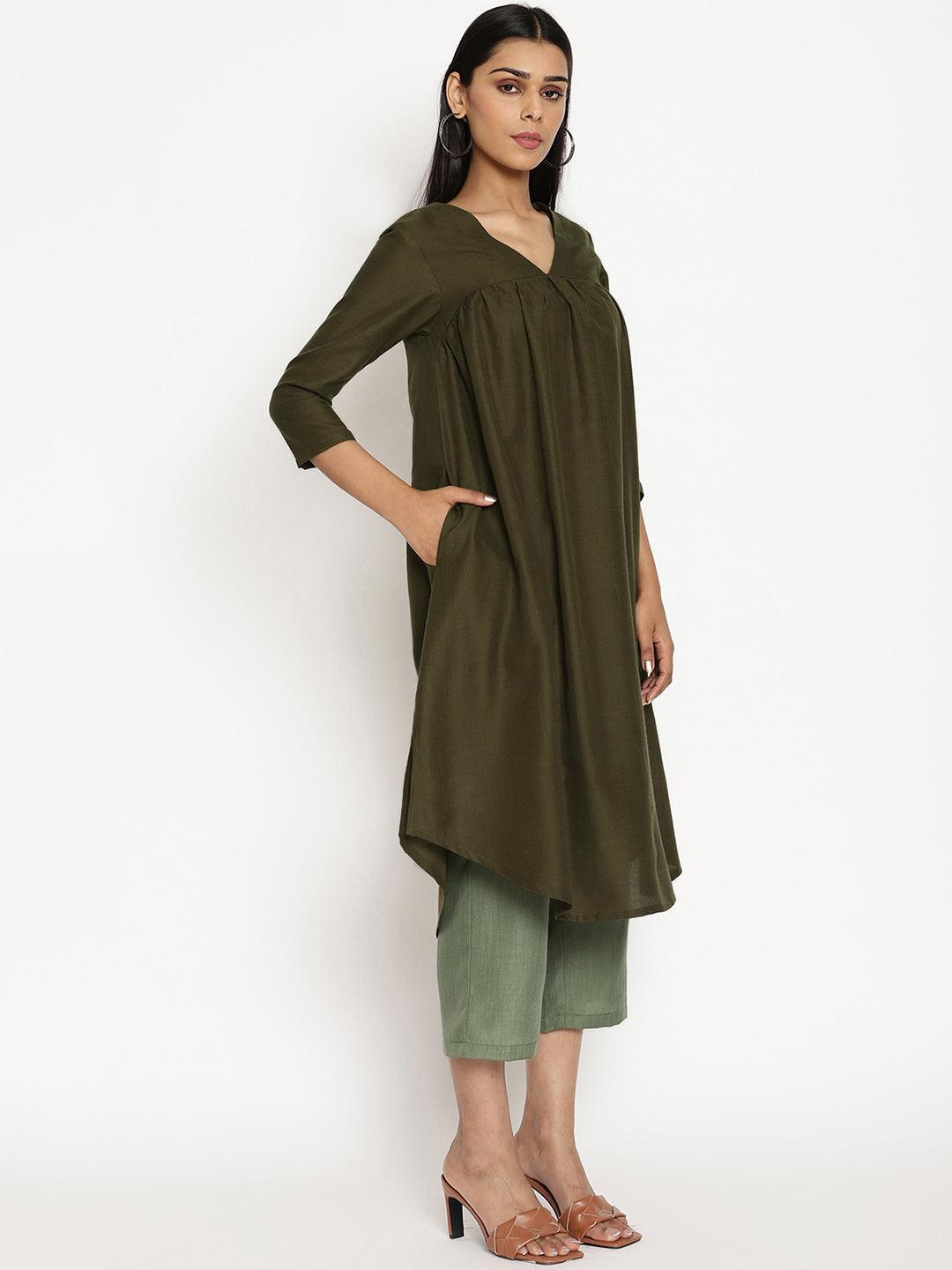 Cotton Linen Dark Green Gathered Kurta Pant Set | Relove