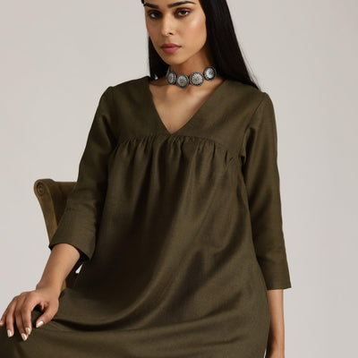 Cotton Linen Dark Green Gathered Kurta Pant Set | Relove