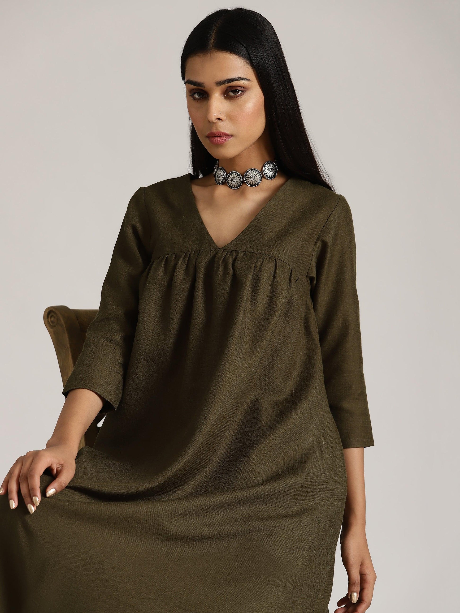 Cotton Linen Dark Green Gathered Kurta Pant Set | Relove