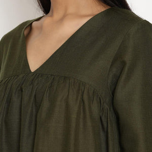 Cotton Linen Dark Green Gathered Kurta Pant Set | Relove