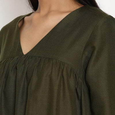 Cotton Linen Dark Green Gathered Kurta Pant Set | Relove