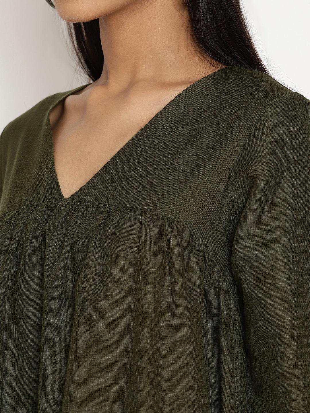 Cotton Linen Dark Green Gathered Kurta Pant Set | Relove