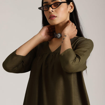 Cotton Linen Dark Green Gathered Kurta Pant Set | Relove