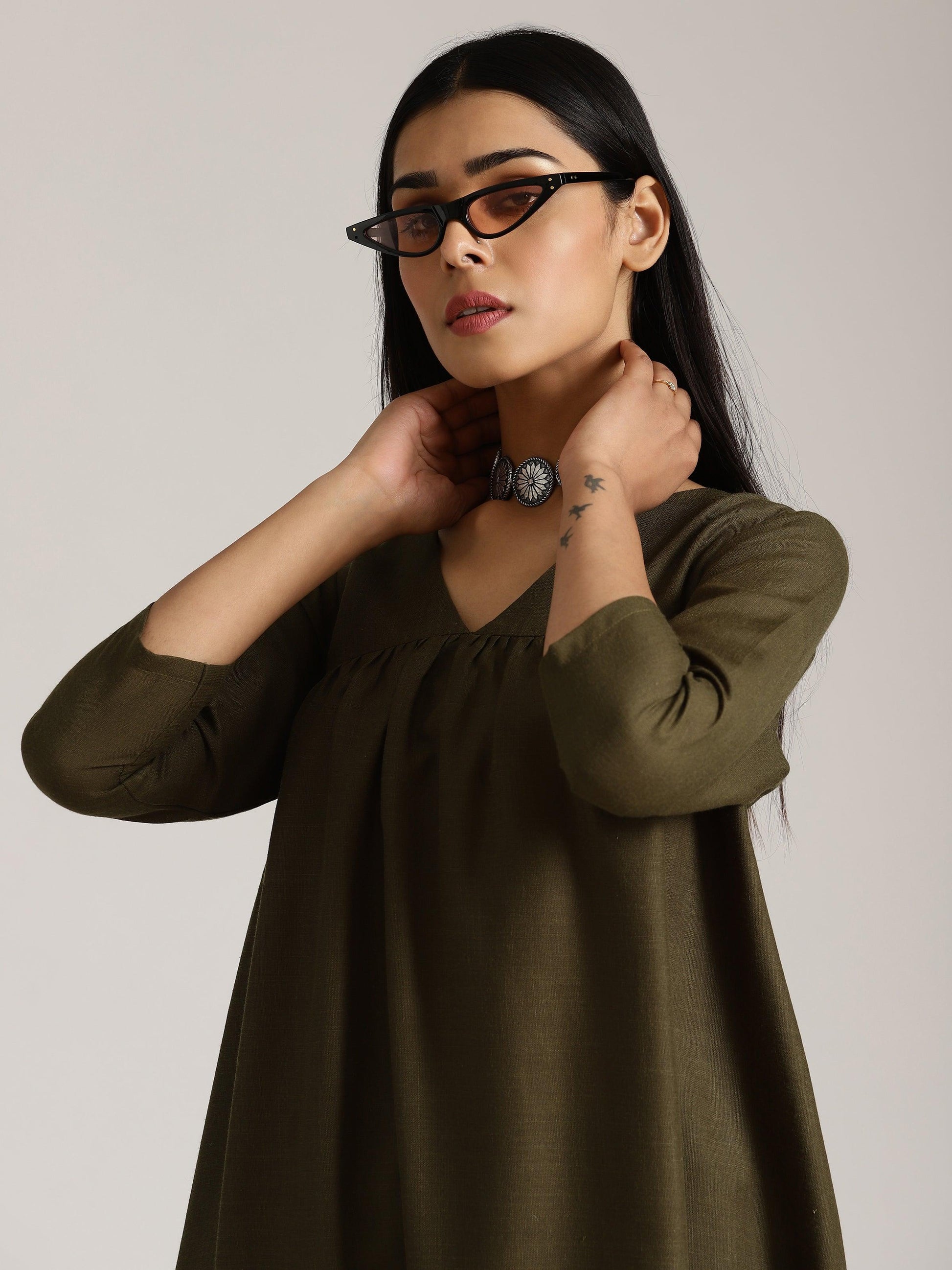 Cotton Linen Dark Green Gathered Kurta Pant Set | Relove