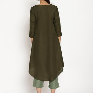 Cotton Linen Dark Green Gathered Kurta Pant Set | Relove