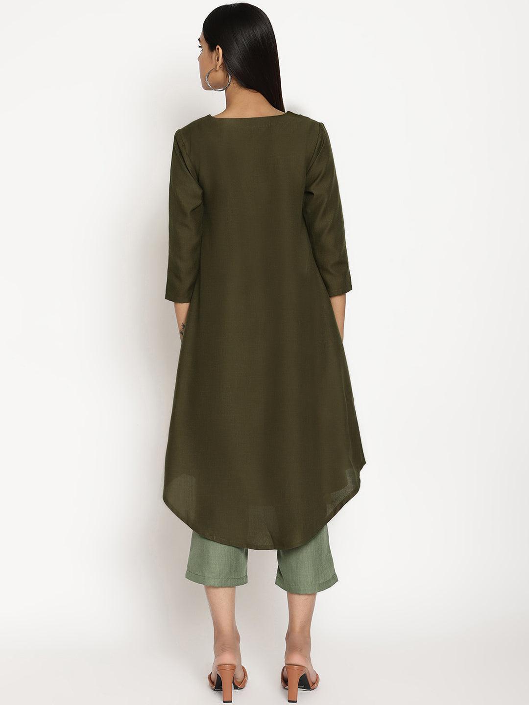 Cotton Linen Dark Green Gathered Kurta Pant Set | Relove