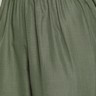 Cotton Linen Dark Green Gathered Kurta Pant Set | Relove