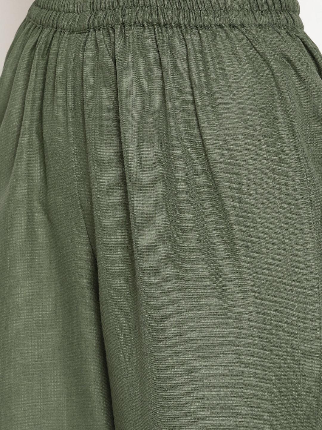 Cotton Linen Dark Green Gathered Kurta Pant Set | Relove