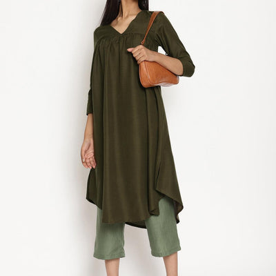 Cotton Linen Dark Green Gathered Kurta Pant Set | Relove