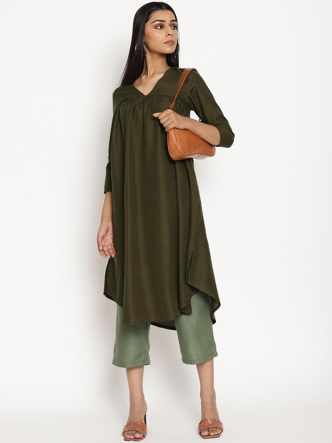 Cotton Linen Dark Green Gathered Kurta Pant Set | Relove