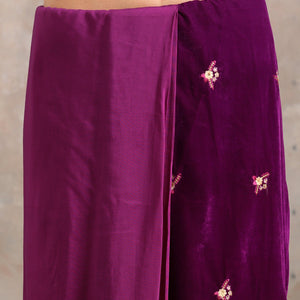 Wine Velvet Silk Embroidered Ready To Wear Saree
