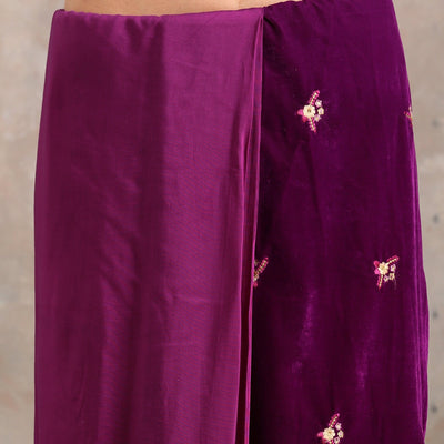 Wine Velvet Silk Embroidered Ready To Wear Saree