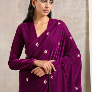 Wine Velvet Silk Embroidered Ready To Wear Saree