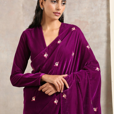 Wine Velvet Silk Embroidered Ready To Wear Saree
