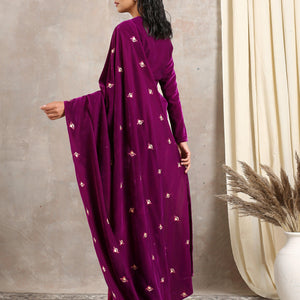 Wine Velvet Silk Embroidered Ready To Wear Saree